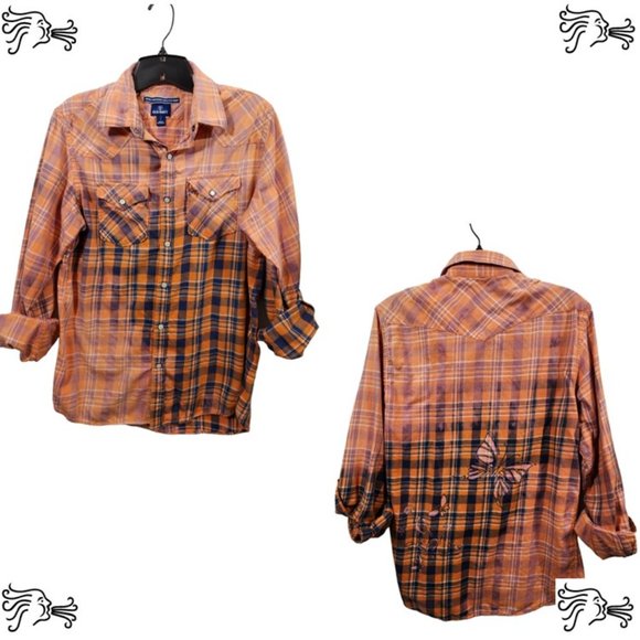 Old Navy Men Flannel Western Snap Plaid Bleached Unisex Hand Painted Butterflies - Picture 1 of 5